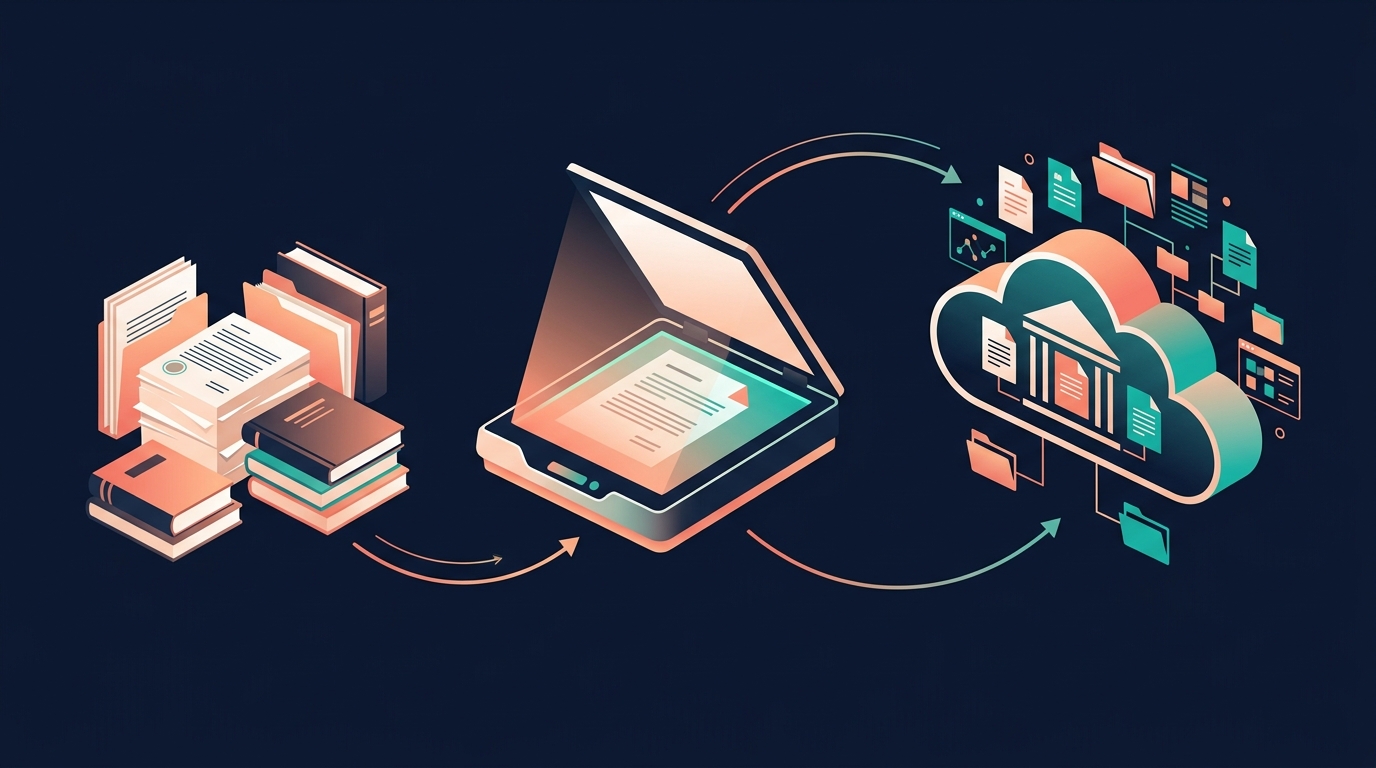 Document digitization process showing books being scanned and converted into searchable cloud databases